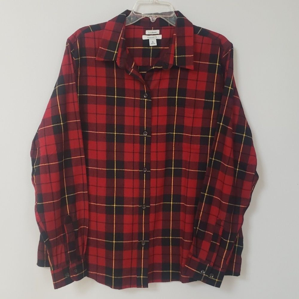 LL Bean Red Tartan Plaid Flannel Button Up Shirt Relaxed Fit Women’s Size XL